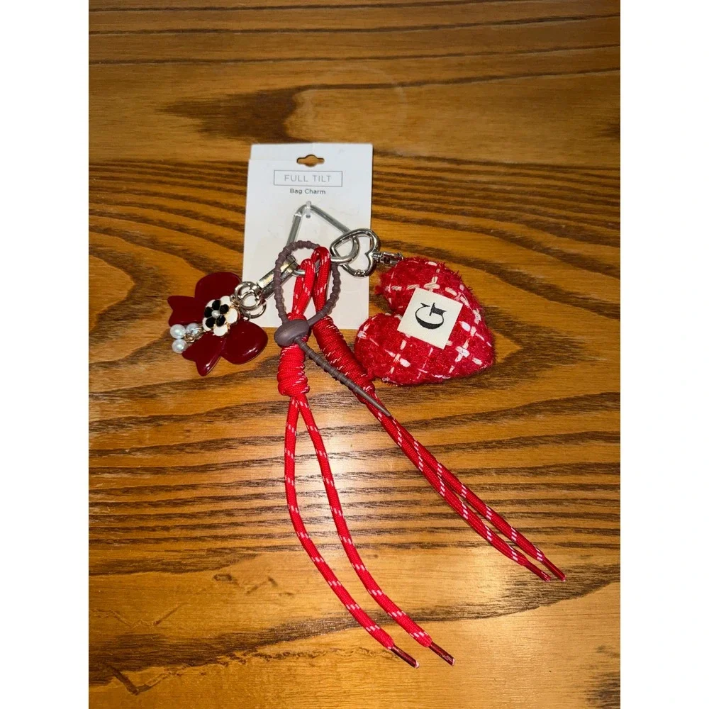 Full Tilt Red Tweed Heart Bow Flower Bag Charm Keyring G Initial Faux Pearl NWT